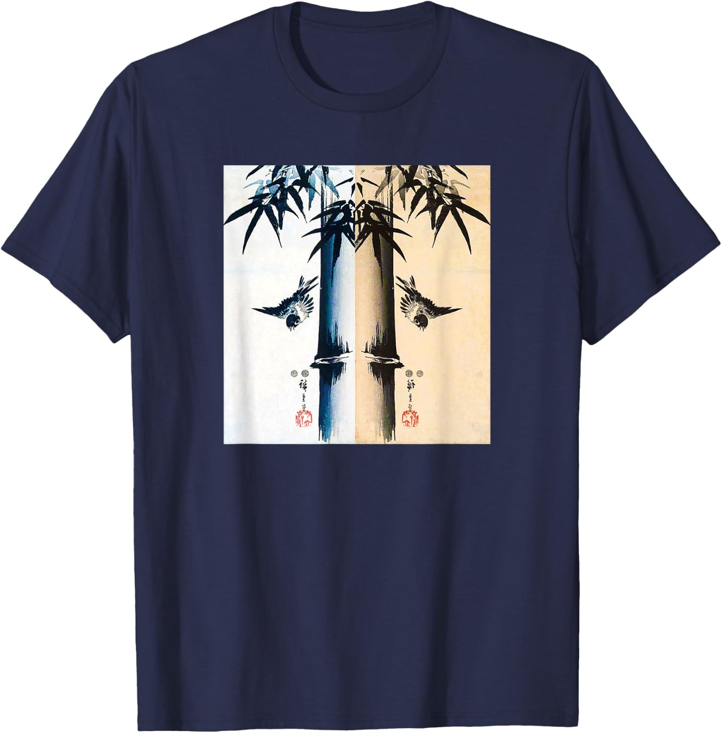 Japanese Bird and Bamboo Ancient Japanese Art Design T-Shirt - T-Shirt | Navy