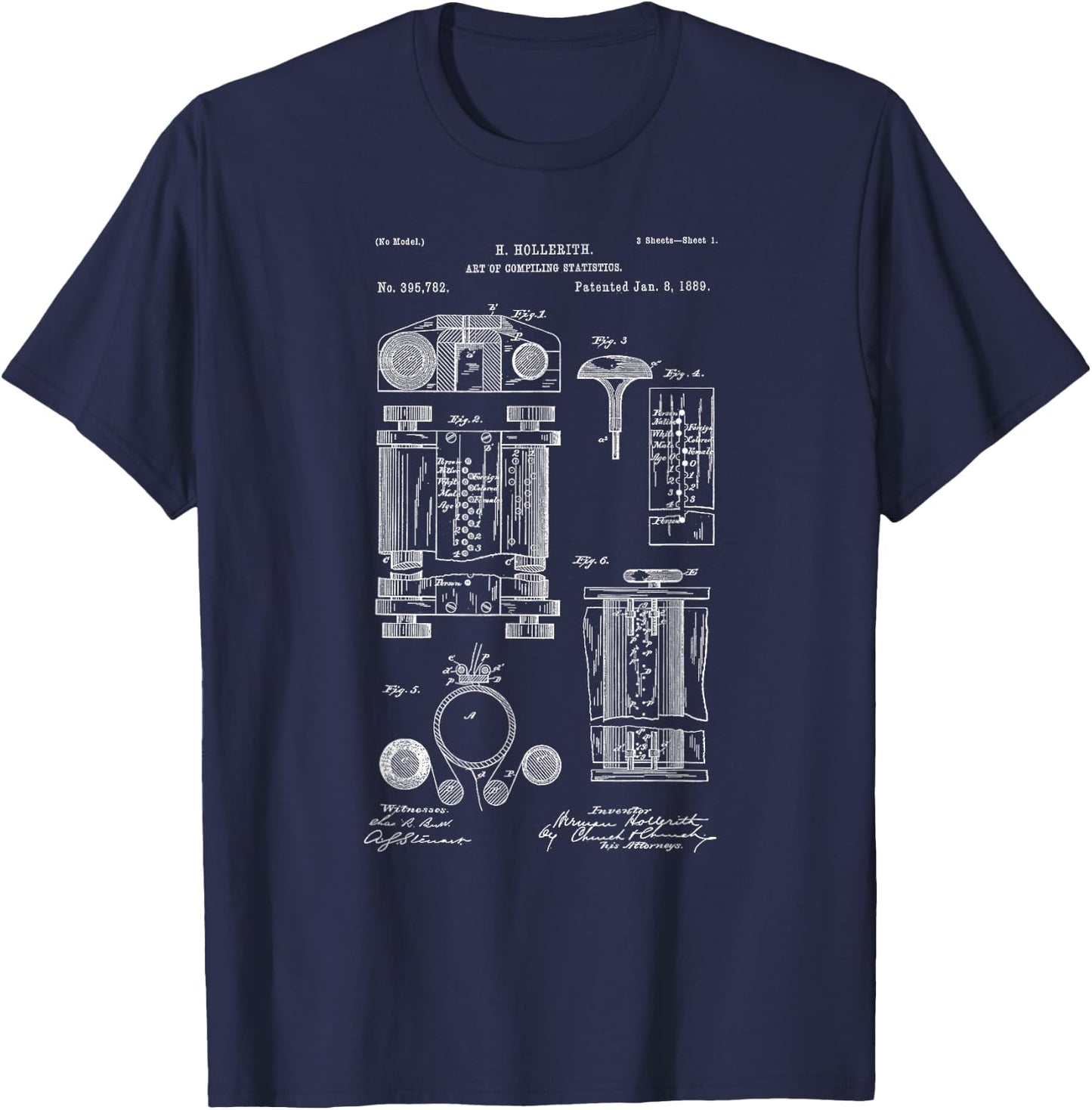 Vintage Patent Print 1889 First Computer Statistics Machine T-Shirt - T-Shirt | Navy