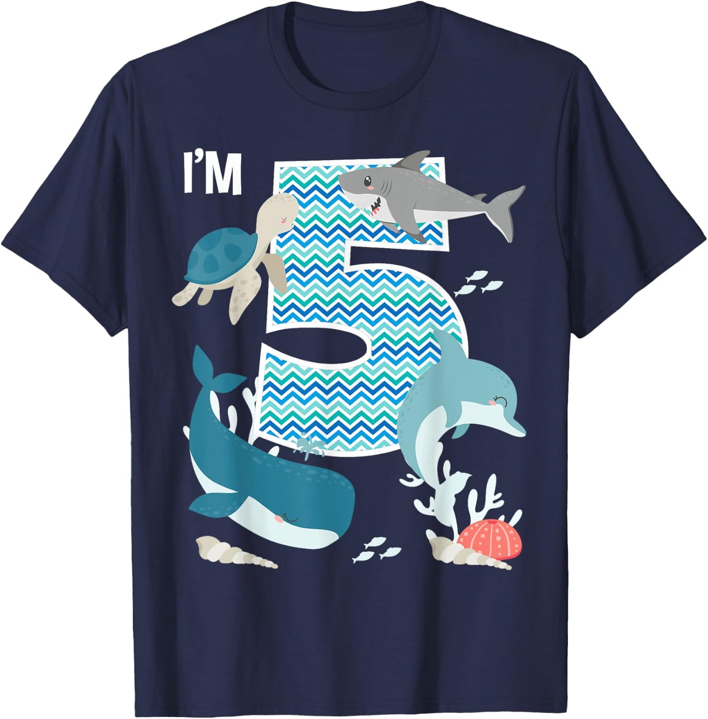 Kids 5 Year Old Ocean Life Whale Dolphin Shark 5th Birthday T-Shirt - T-Shirt | Navy
