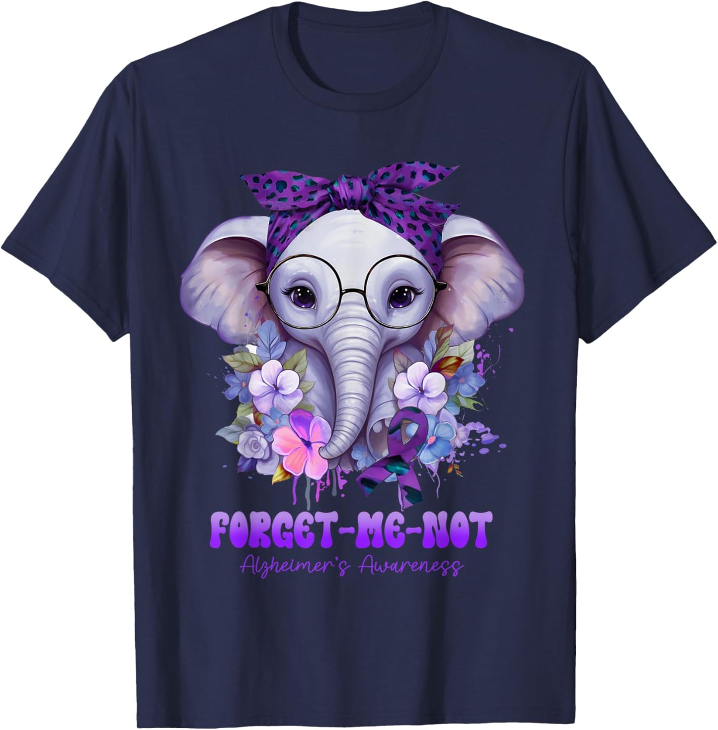 Forget Me Not Alzheimer's Awareness Elephant Flower T-Shirt - T-Shirt | Navy