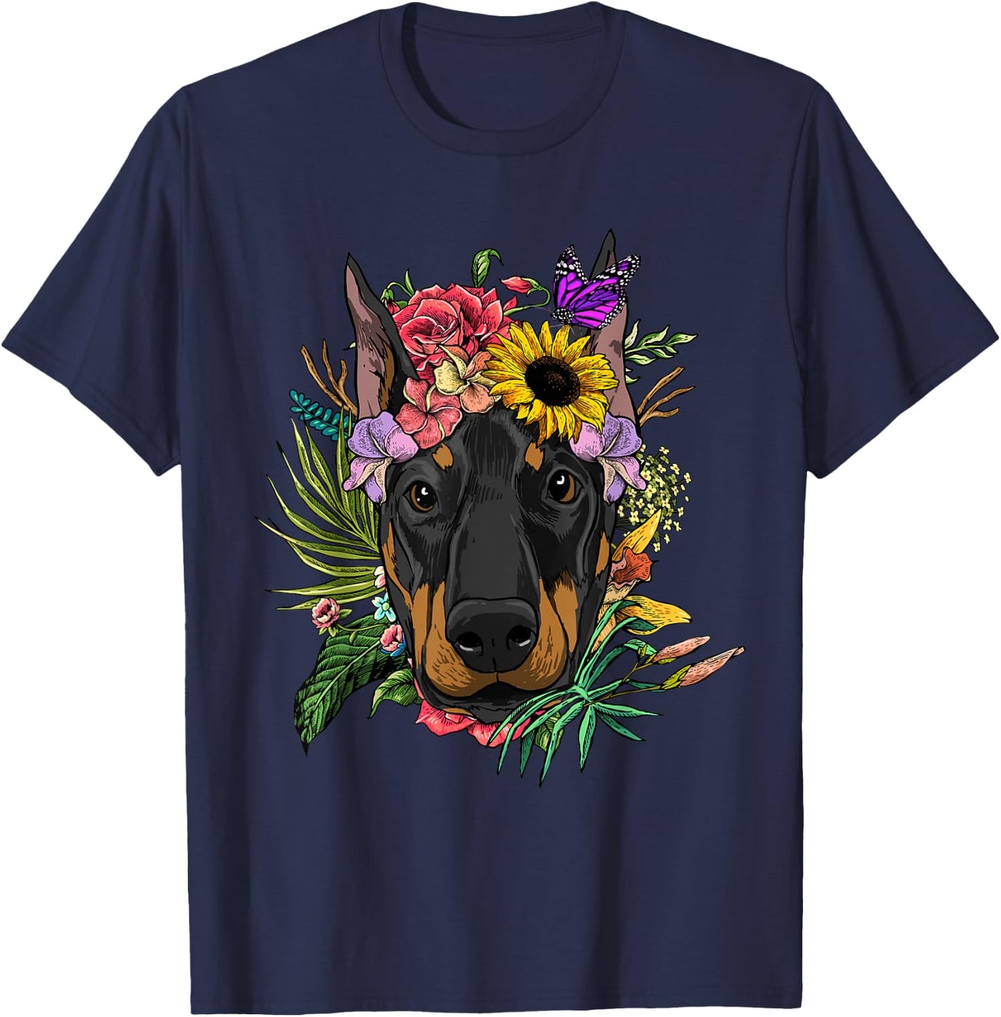 Doberman Shirt Floral Doberman Pinscher Dobie Pet Dog Lover T-Shirt - T-Shirt | Navy