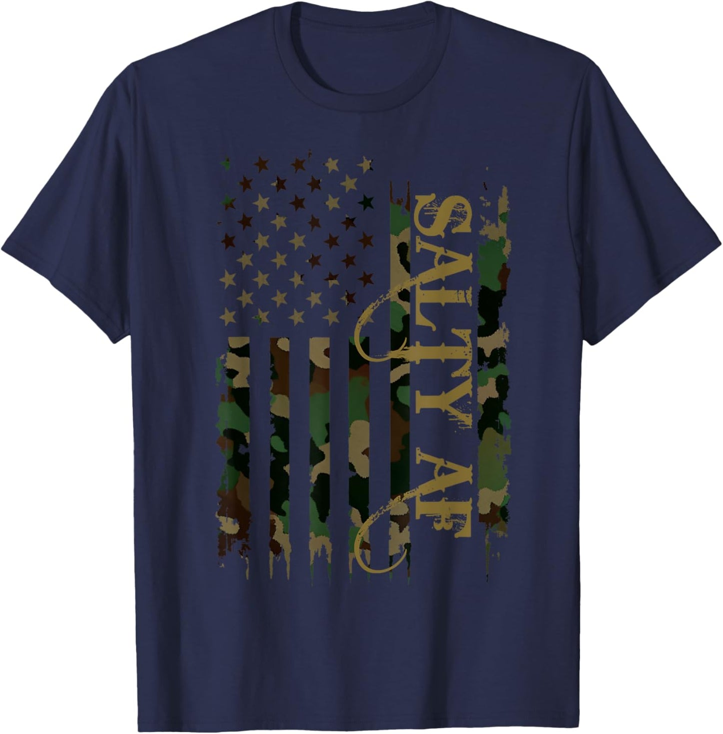 Salty AF United States Distressed Camo w US Flag T-Shirt - T-Shirt | Navy