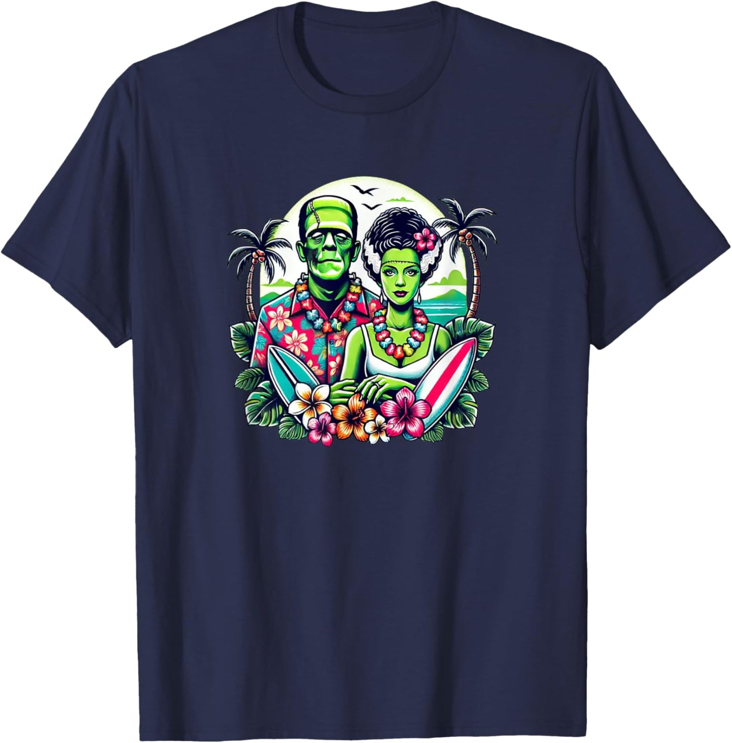 Frankenstein Monster and Bride Tropical Hawaiian Beach Women Girls Kids T-Shirt - T-Shirt | Navy