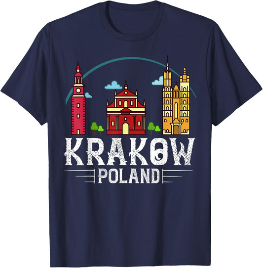 Krakow Poland City Skyline Map Travel T-Shirt - T-Shirt | Navy