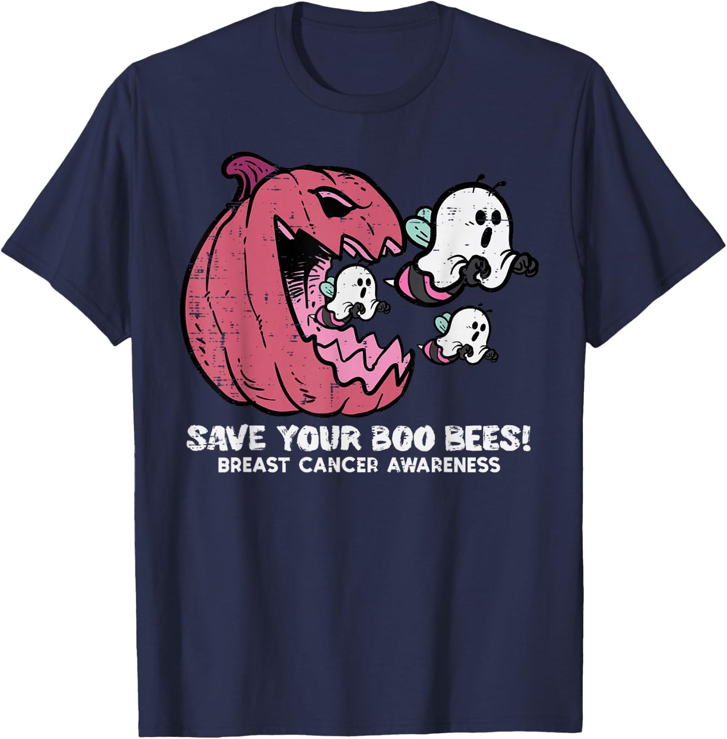 Breast Cancer Pumpkin Save Boo Your Bees Awareness Women Men T-Shirt - T-Shirt | Navy