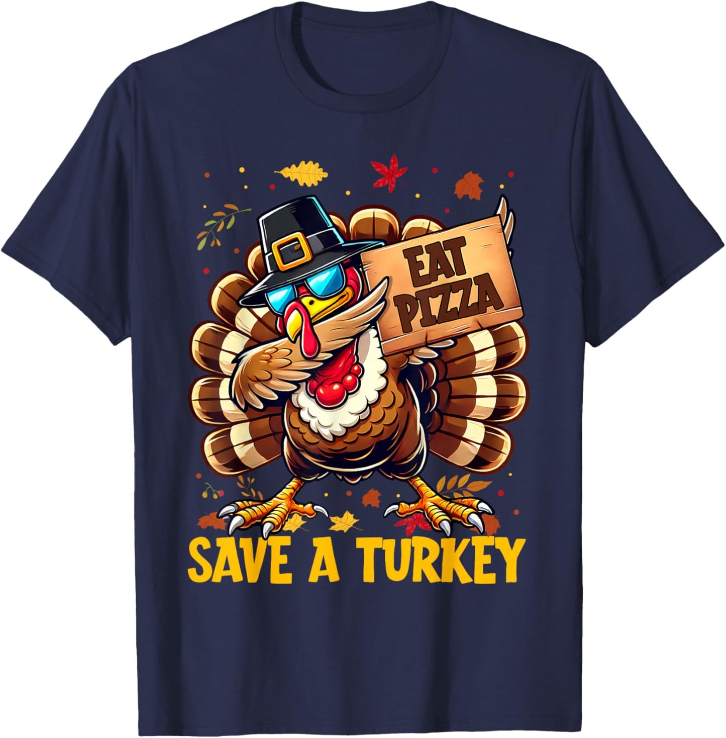Funny Save A Turkey Eat Pizza Autumn Thanksgiving Groovy T-Shirt - T-Shirt | Navy
