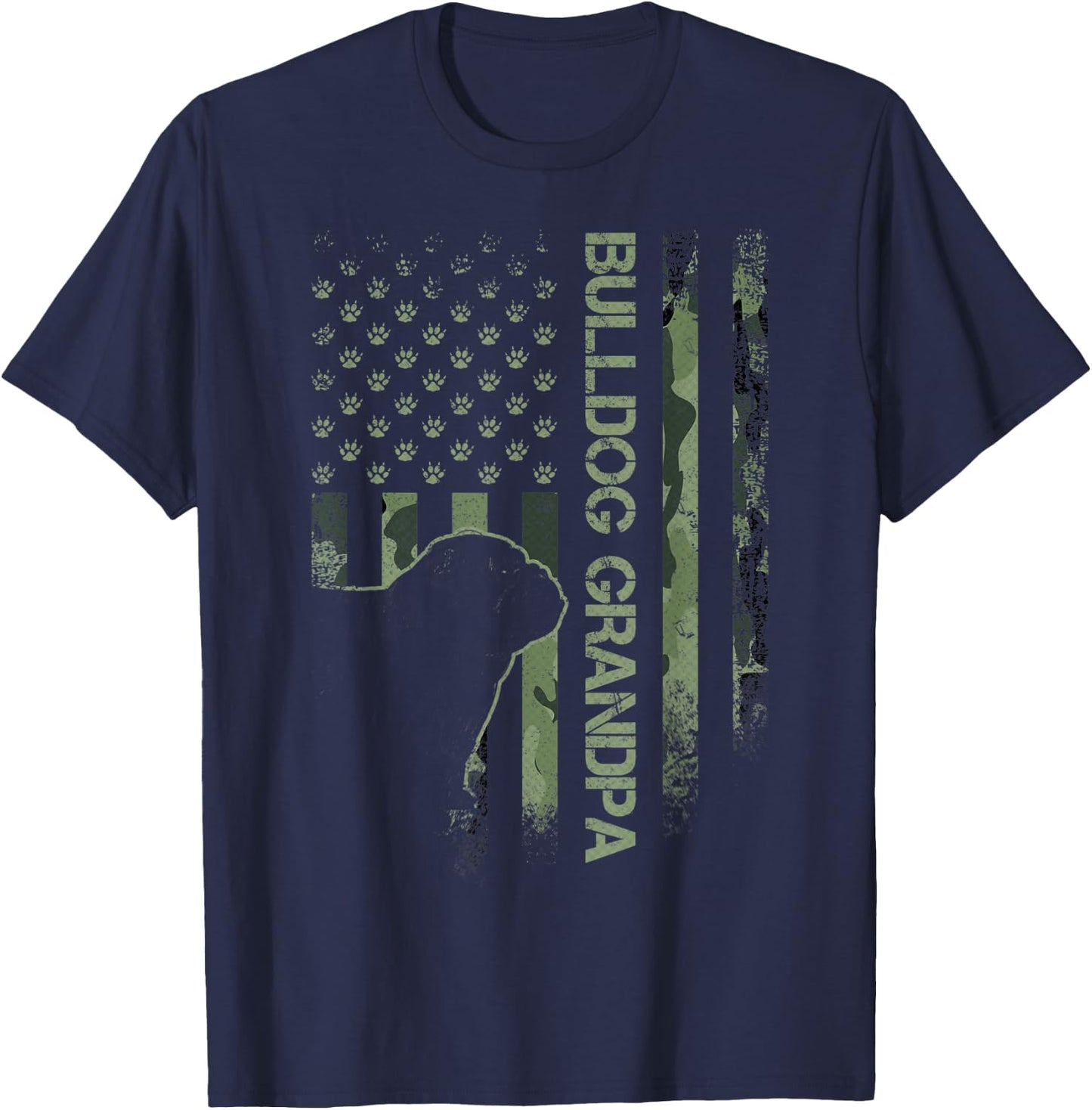 American Camo Flag Proud English Bulldog Grandpa Silhouette Men Women T-Shirt - T-Shirt | Navy