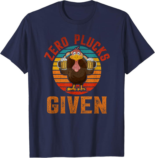 Funny Thanksgiving Zero Plucks Given Turkey Holiday Retro T-Shirt - T-Shirt | Navy