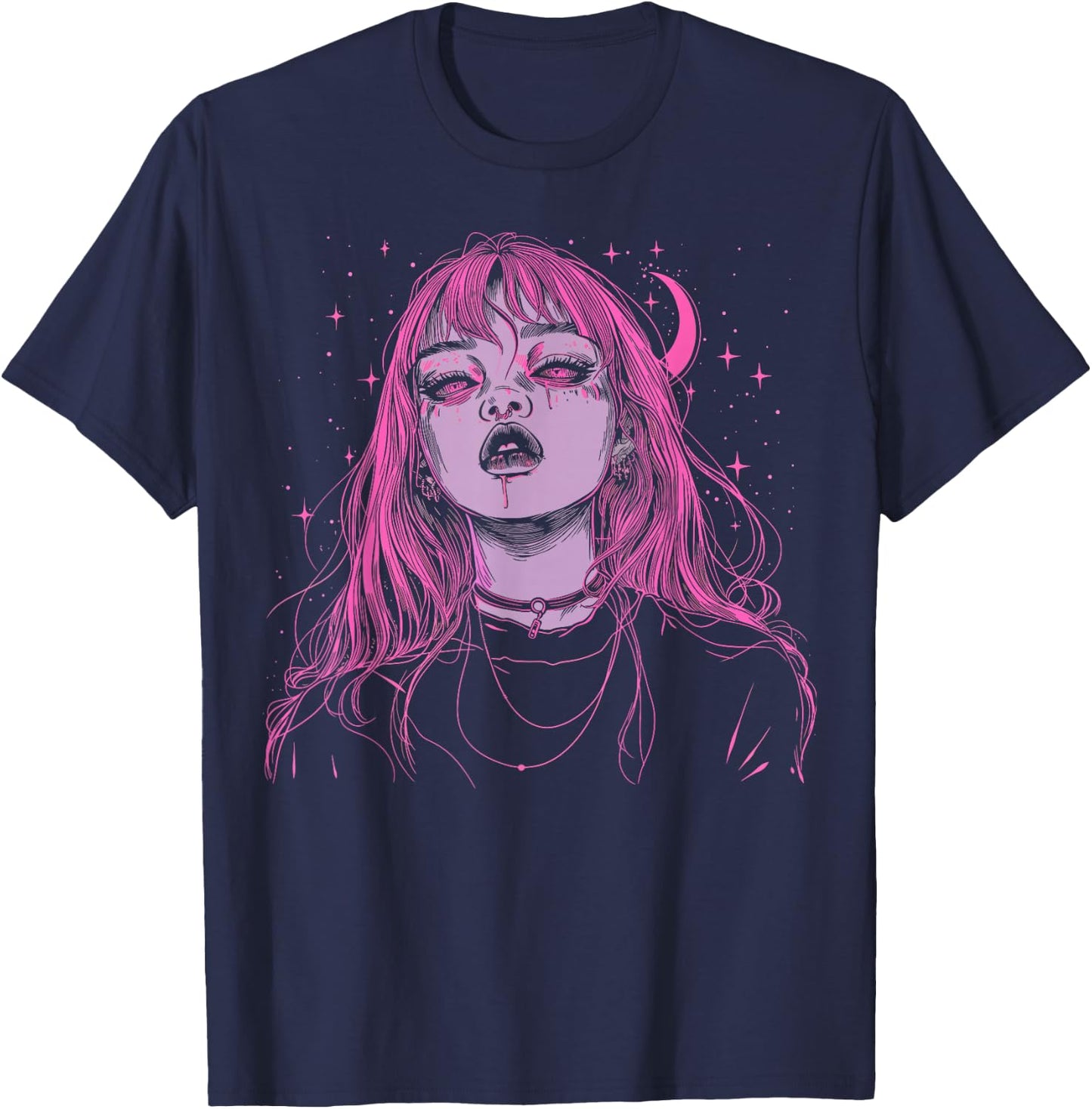 Goth Grunge Demon Anime Girl Waifu Horror Alt Pink Aesthetic T-Shirt - T-Shirt | Navy