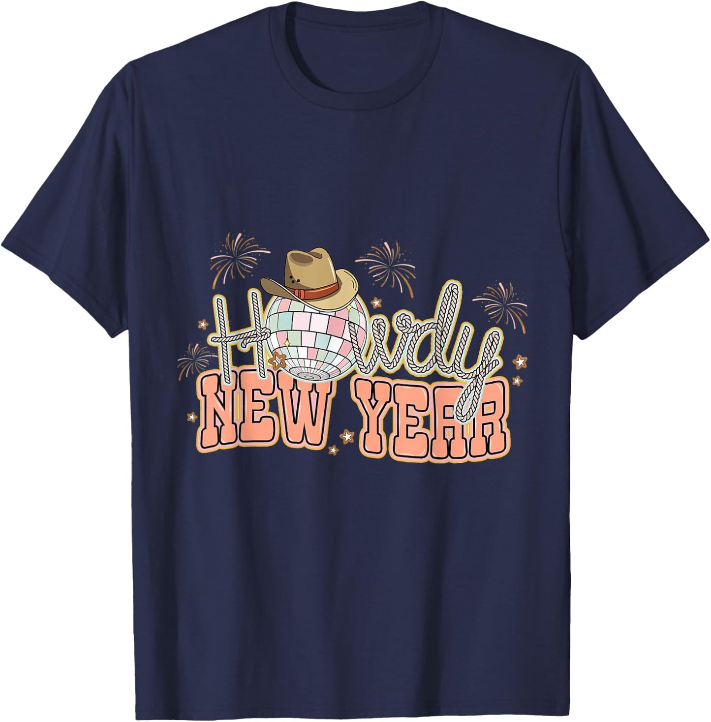 Howdy New Year 2024 Western Cowgirl Hat And Disco Balls T-Shirt - T-Shirt | Navy