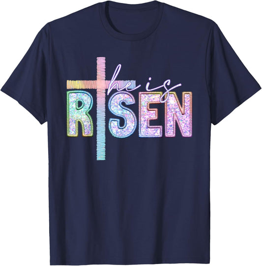 He Is Risen Christian Cross Jesus Happy Easter Day Men Women T-Shirt - T-Shirt | Navy