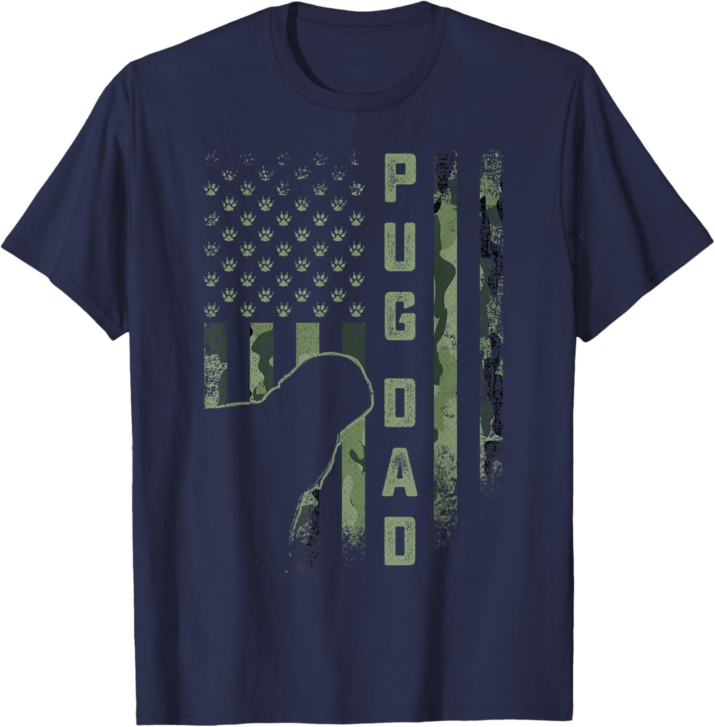 Vintage USA American Camo Flag Proud Pug Dog Dad Silhouette Men Women T-Shirt - T-Shirt | Navy