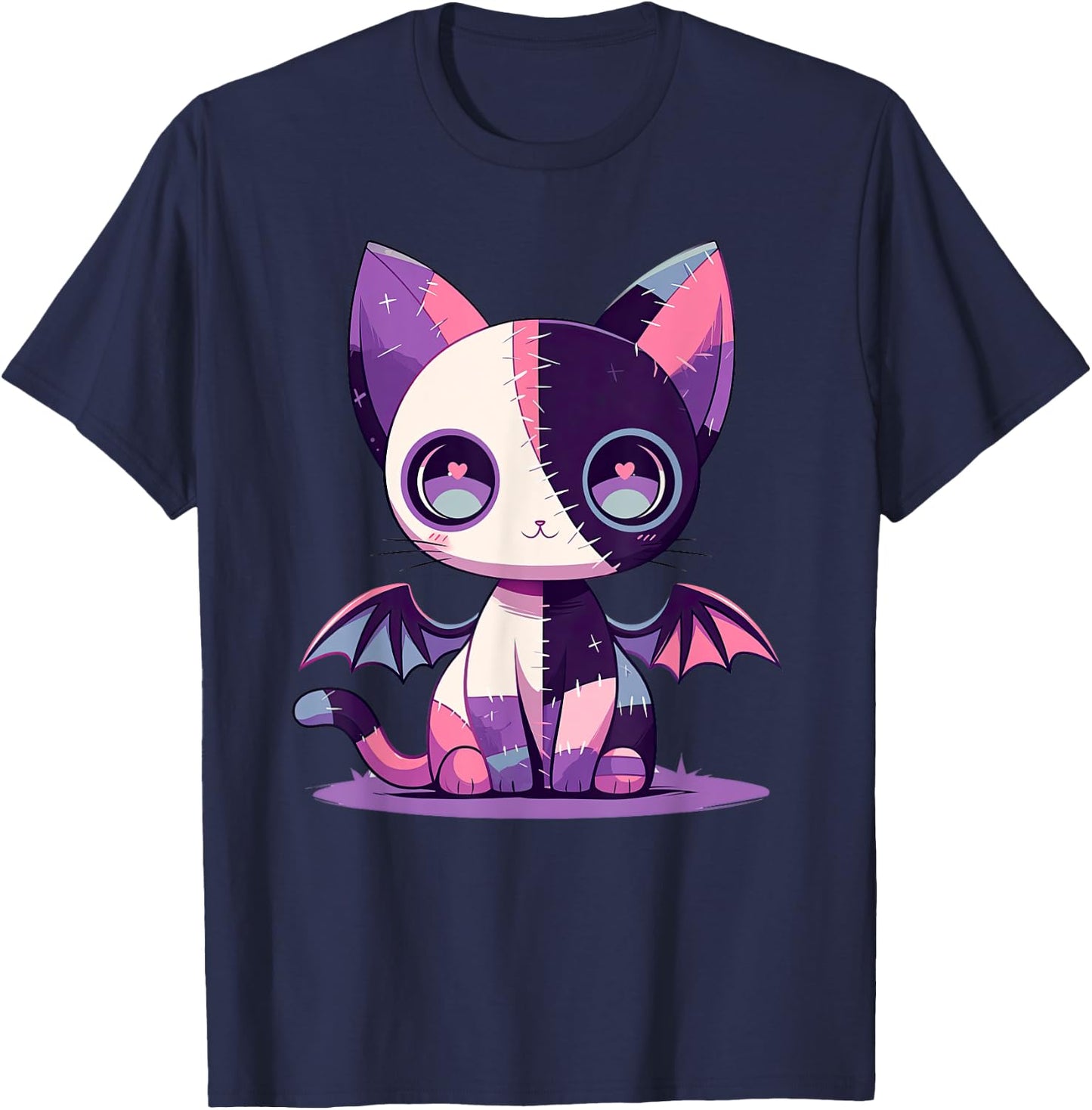 Kawaii Pastel Goth Creepy Cute Witchy Zombie Patchwork Cat T-Shirt - T-Shirt | Navy