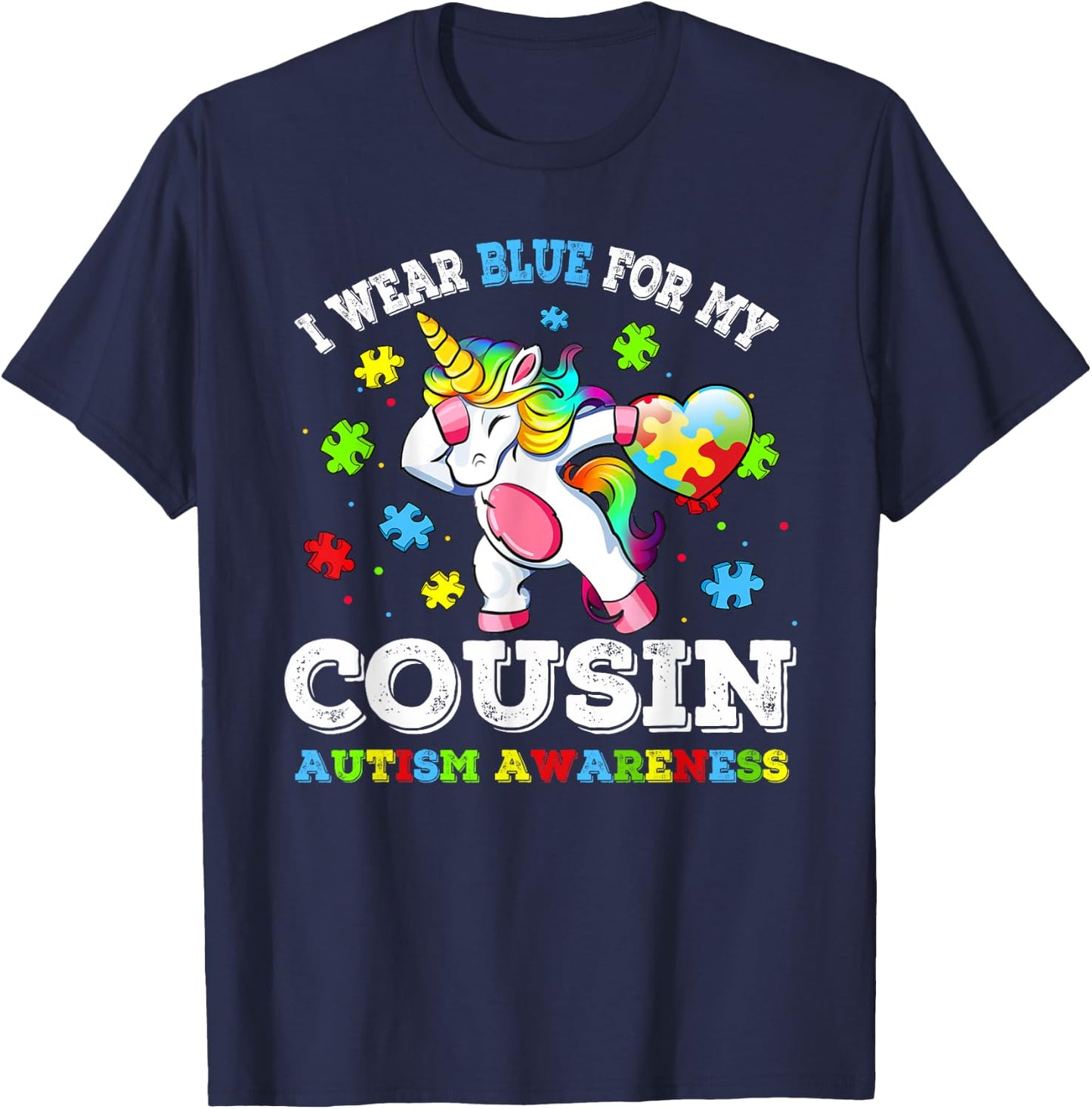 I Wear Blue For My Cousin Autism Dab Unicorn Puzzle Piece T-Shirt - T-Shirt | Navy