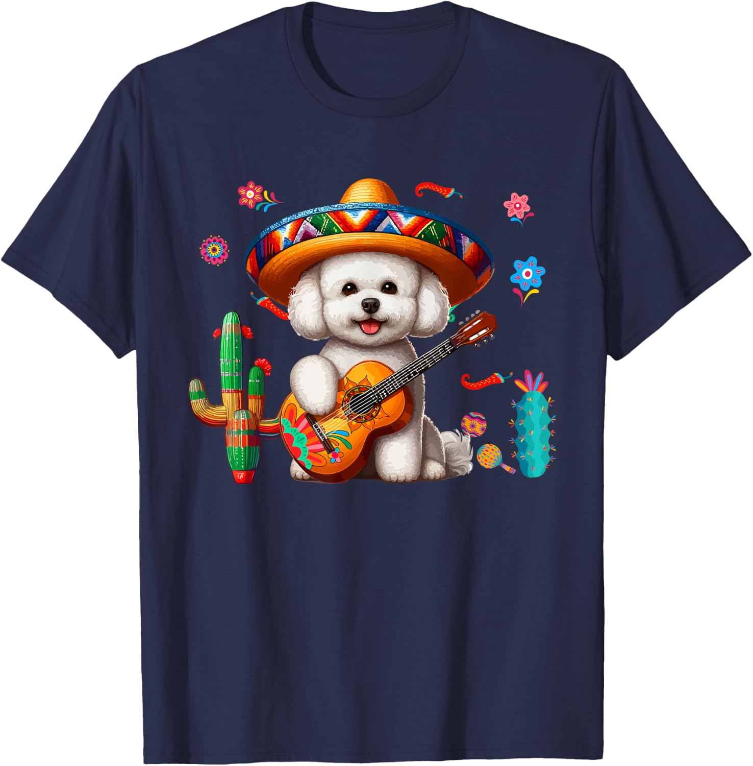 Bichon Frise Sombrero Mexican Guitar Cinco De Mayo Owner T-Shirt - T-Shirt | Navy