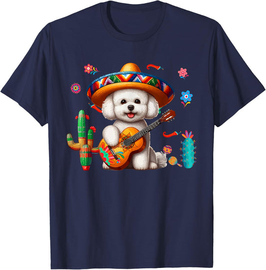 Bichon Frise Sombrero Mexican Guitar Cinco De Mayo Owner T-Shirt - T-Shirt | Navy