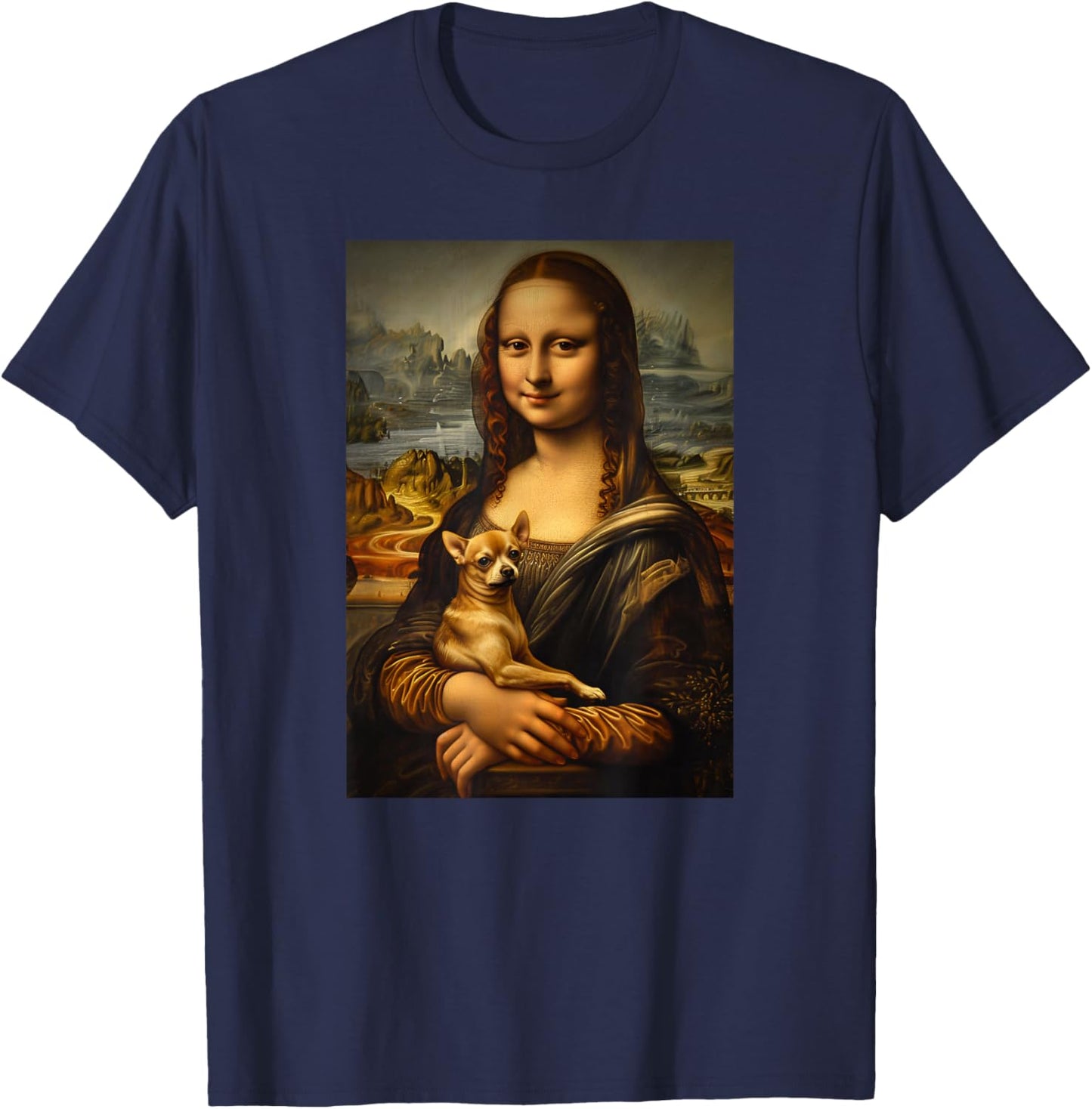 Chihuahua Mona Lisa Painting Art Dog Mom Dad T-Shirt - T-Shirt | Navy