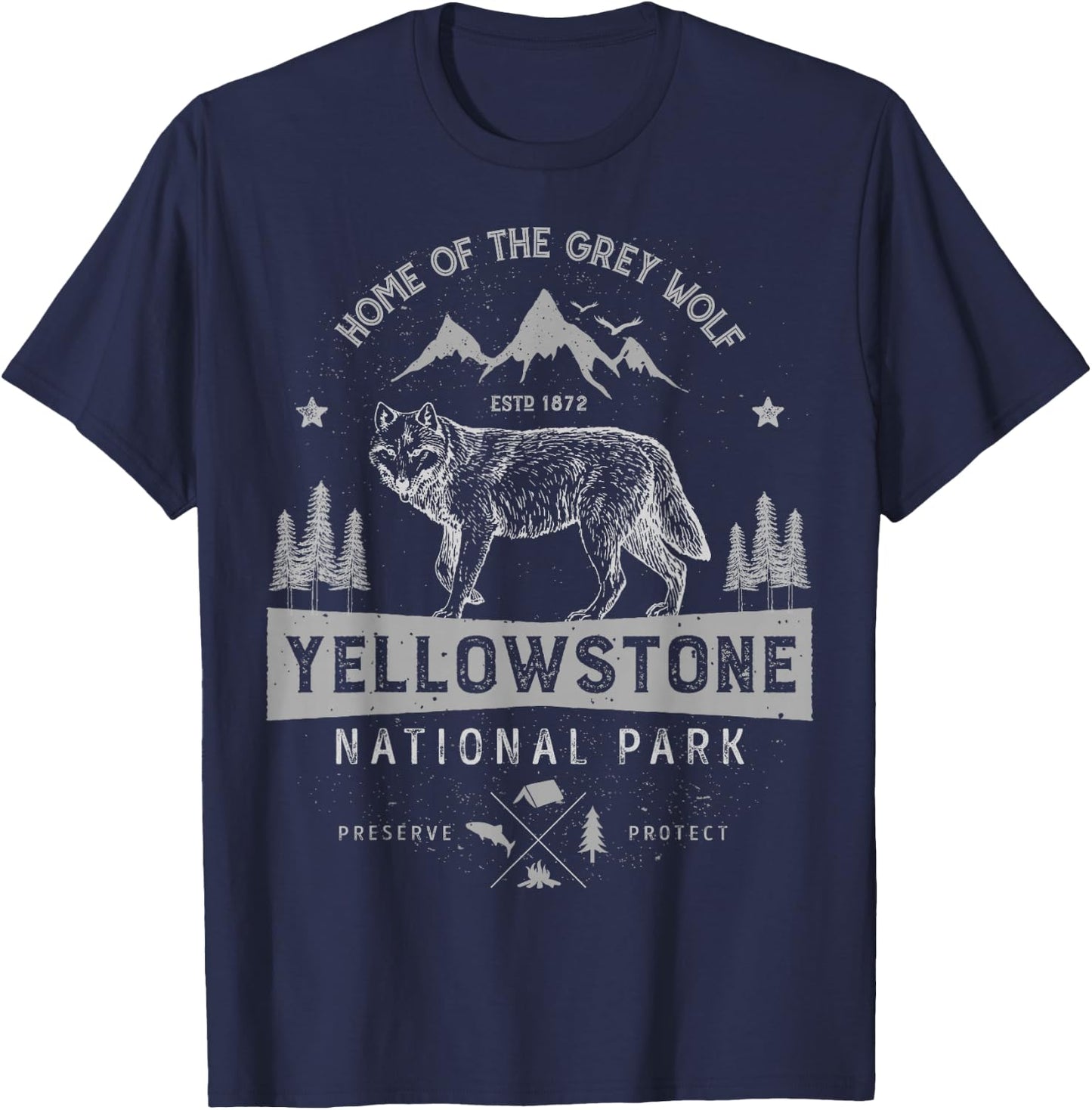Yellowstone US National Park Wolf Lover Vintage Men Women T-Shirt - T-Shirt | Navy