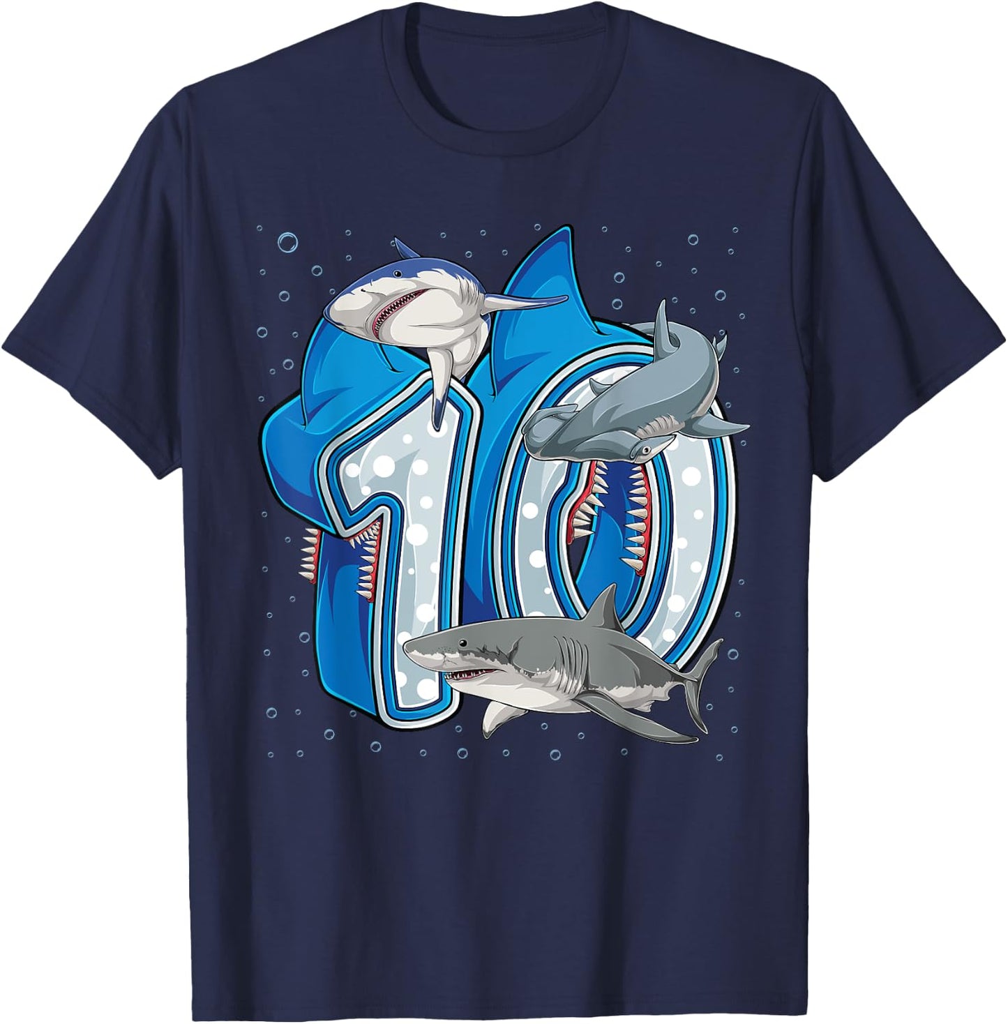 10th Birthday Boys Shark 10 years Old Ocean Shark B-day T-Shirt - T-Shirt | Navy