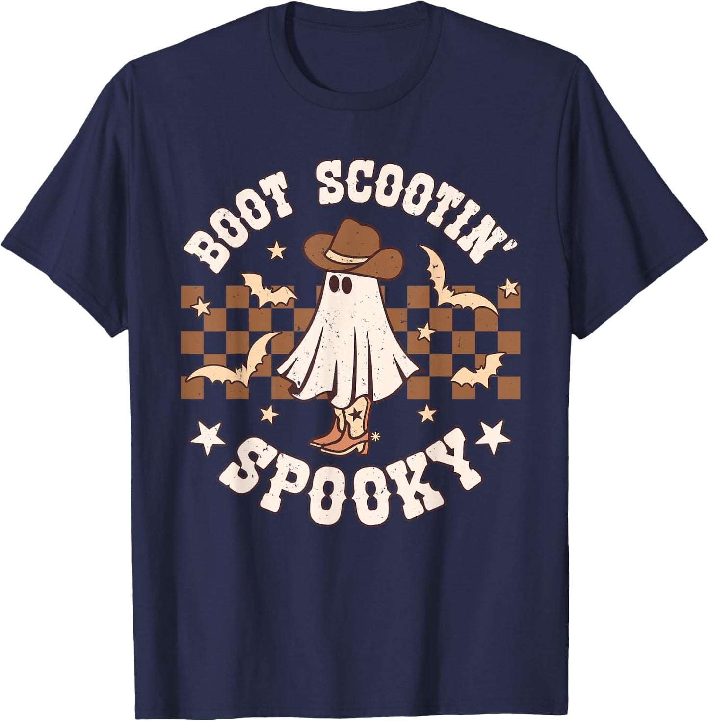 Boot Scootin Spooky Retro Groovy Western Halloween Ghost T-Shirt - T-Shirt | Navy