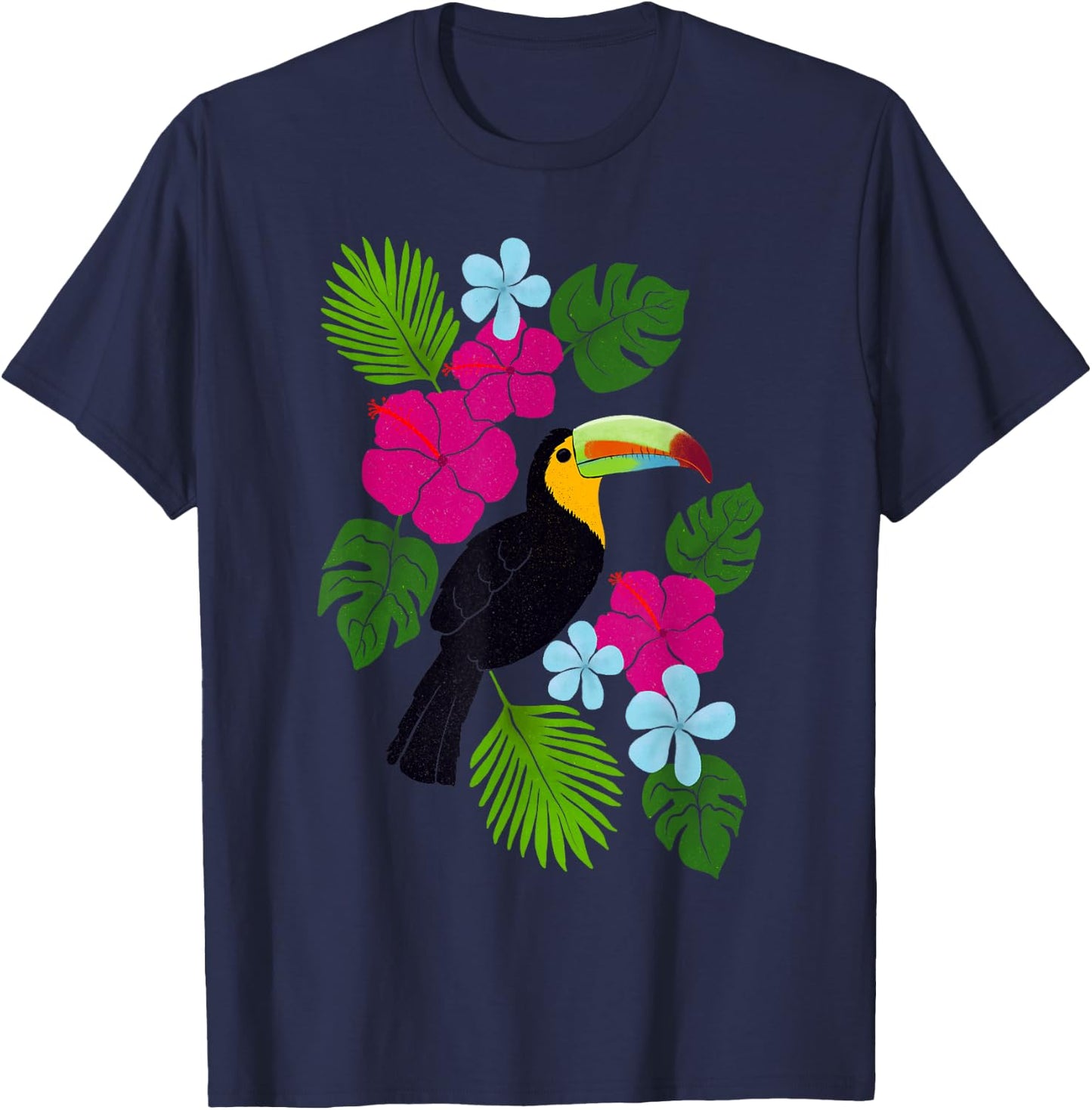 Tropical Toucan With Bright Florals and Leaves T-Shirt - T-Shirt | Navy