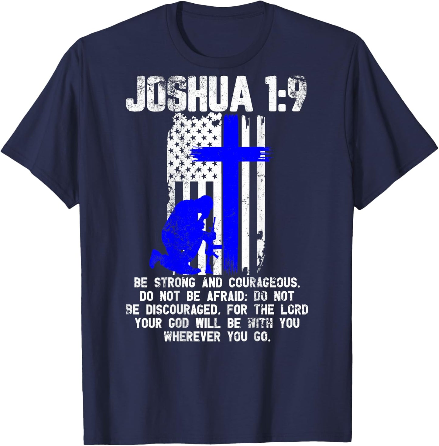 Thin Blue Line Police Cross Bible Verse Christian USA Flag Women Men T-Shirt - T-Shirt | Navy