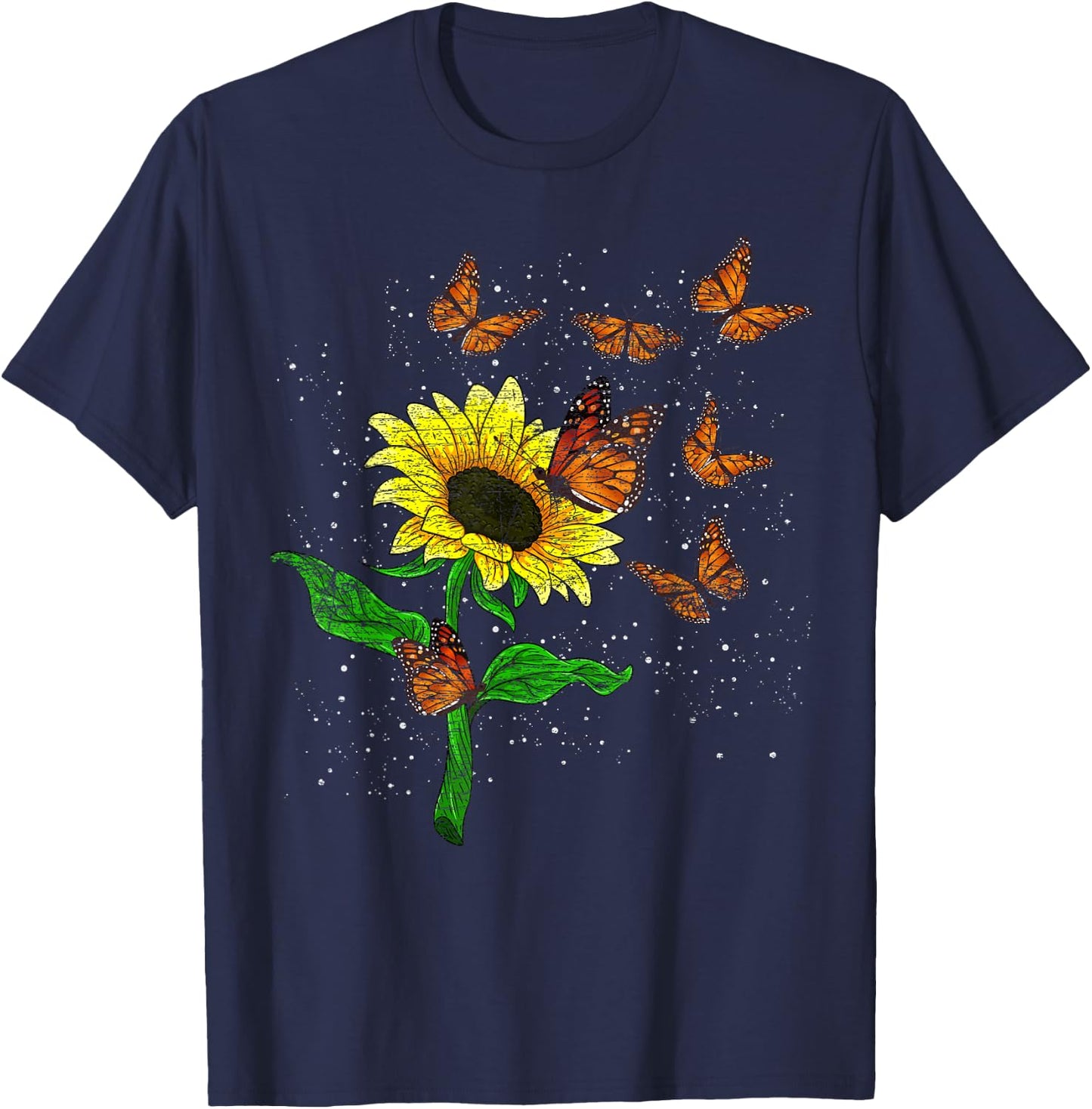 Flower Blossom Butterflies Nature Butterfly Sunflower T-Shirt - T-Shirt | Navy