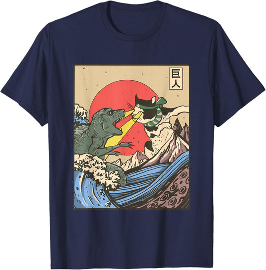 TRex Vs Cat Japanese T-Shirt - T-Shirt | Navy