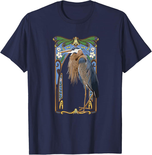 Wild Bird of Women Crane Art Nouveau Illustration T-Shirt - T-Shirt | Navy