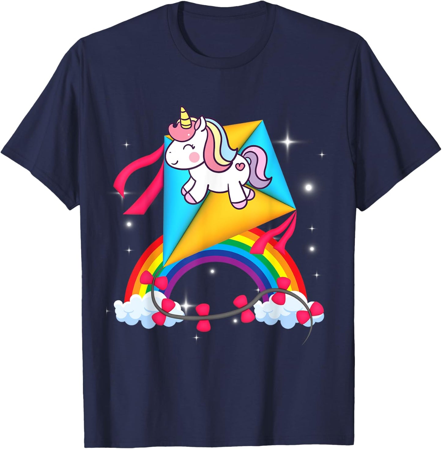 Unicorn Riding Kite Women Men Kids Teens Boys Girls Rainbow T-Shirt - T-Shirt | Navy