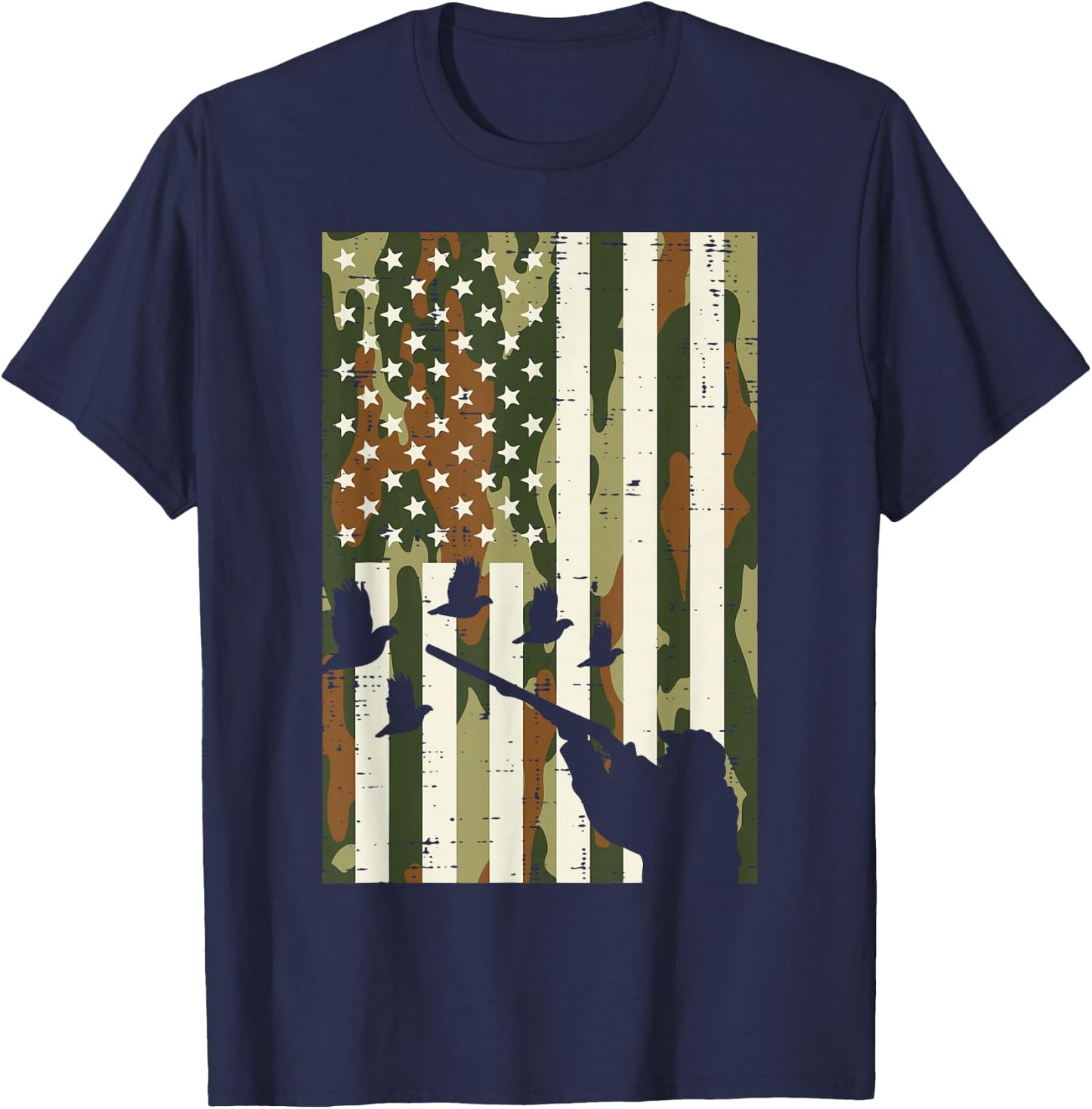Camo US Flag Quail Pheasant Hunting Upland Hunt Patriotic T-Shirt - T-Shirt | Navy
