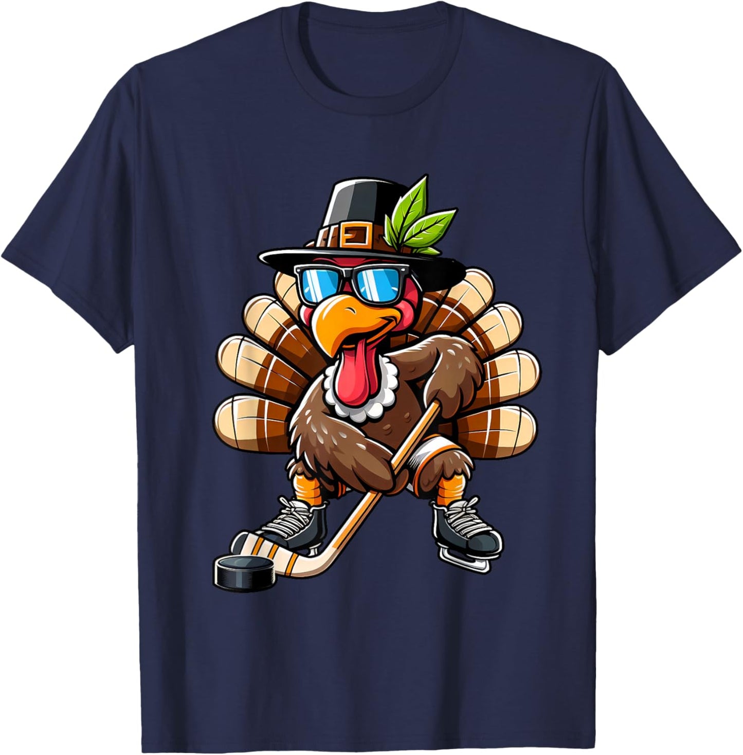 Turkey Hockey Thanksgiving Fall Turkey Playing Hockey Boys T-Shirt - T-Shirt | Navy
