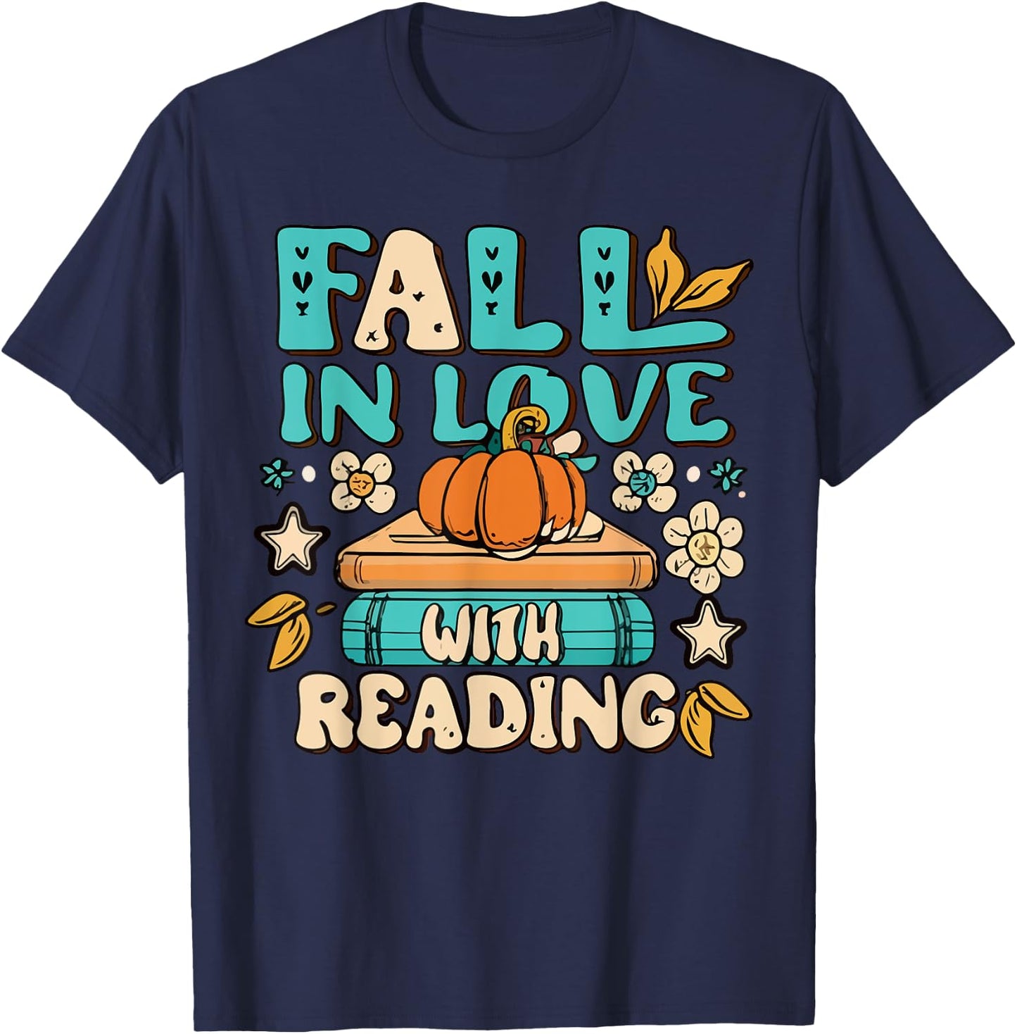 Fall In Love With Reading Book Autumn Pumpkins And Teachers Women Kids T-Shirt - T-Shirt | Navy