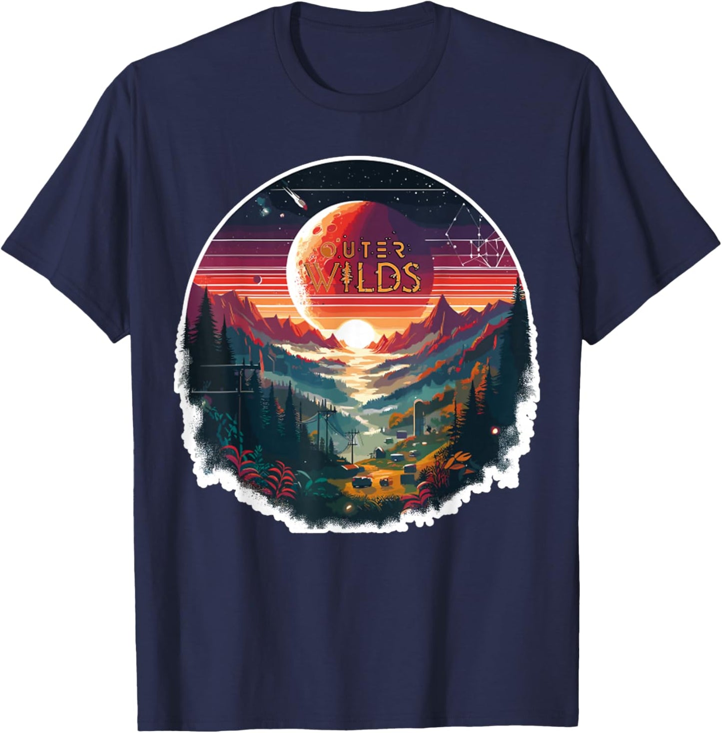 Outer Wilds Text Moon Mountain Forest Tree House Sun T-Shirt - T-Shirt | Navy