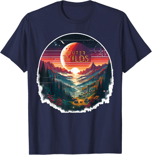 Outer Wilds Text Moon Mountain Forest Tree House Sun T-Shirt - T-Shirt | Navy