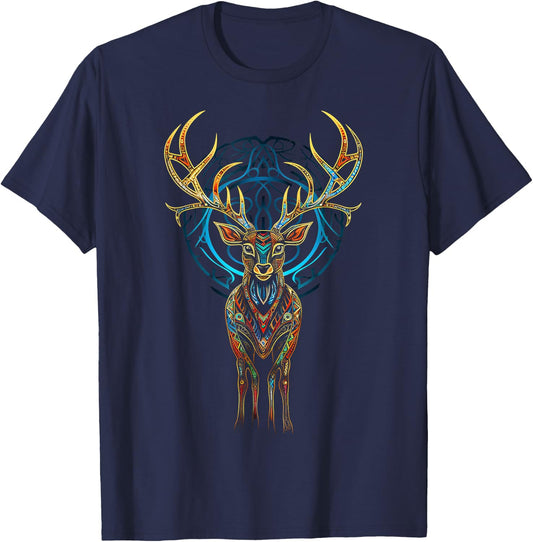 Deer Geometric Art Animal Mandala Colorful Artwork Deer T-Shirt - T-Shirt | Navy
