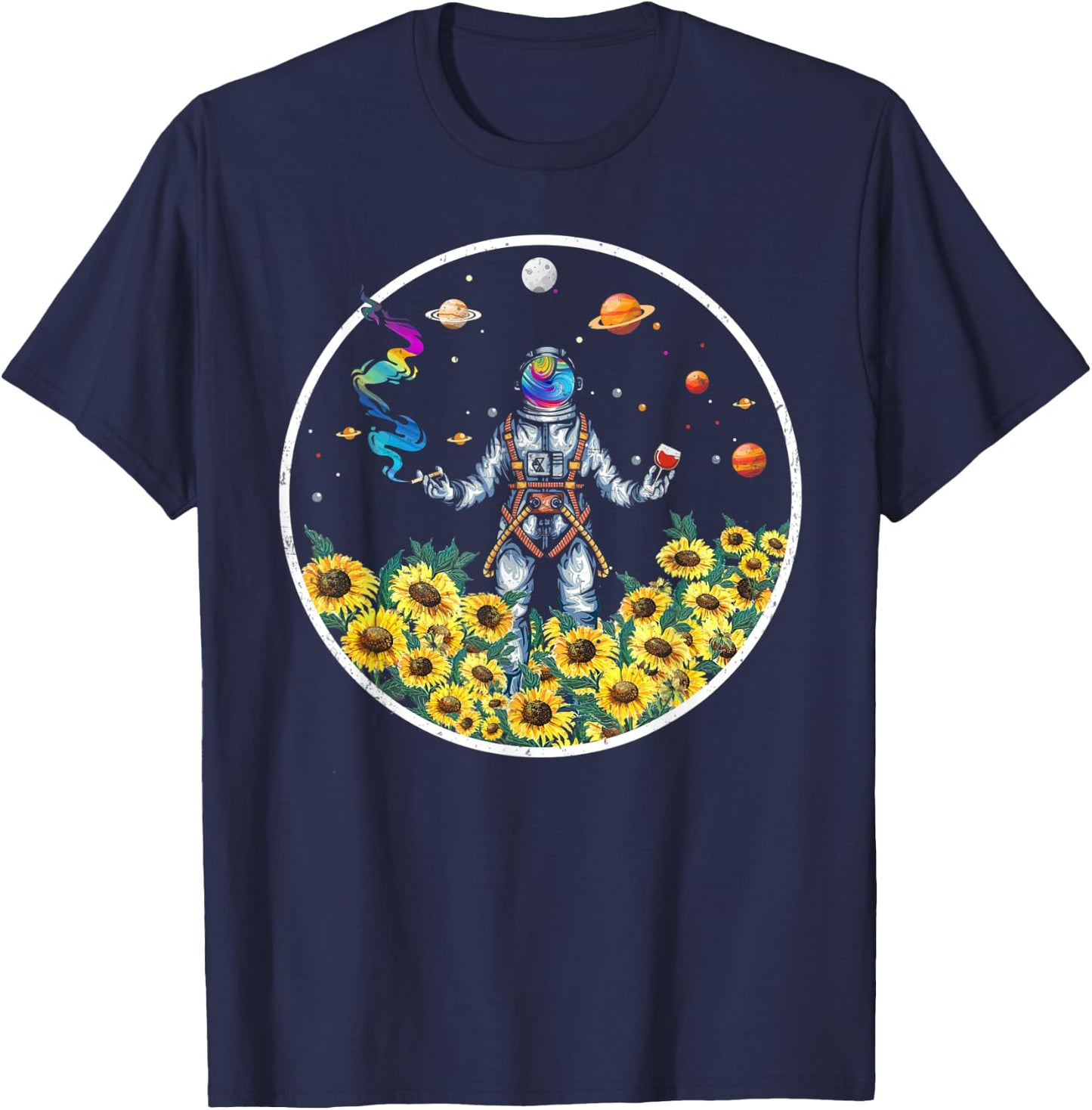Cute Psychonaut Psychedelic Astronaut Space Sunflower Hippie T-Shirt - T-Shirt | Navy