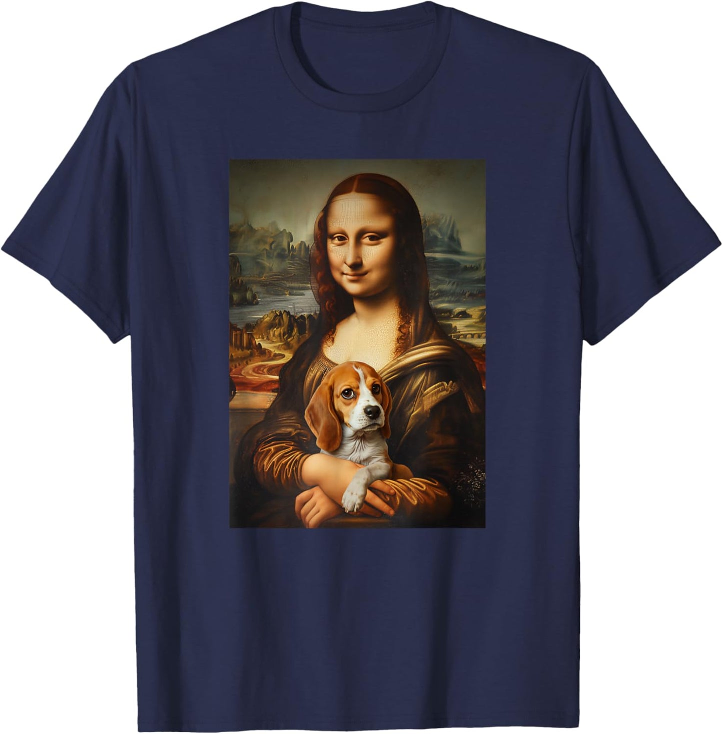 Beagle Mona Lisa Painting Art Dog Mom Dad T-Shirt - T-Shirt | Navy