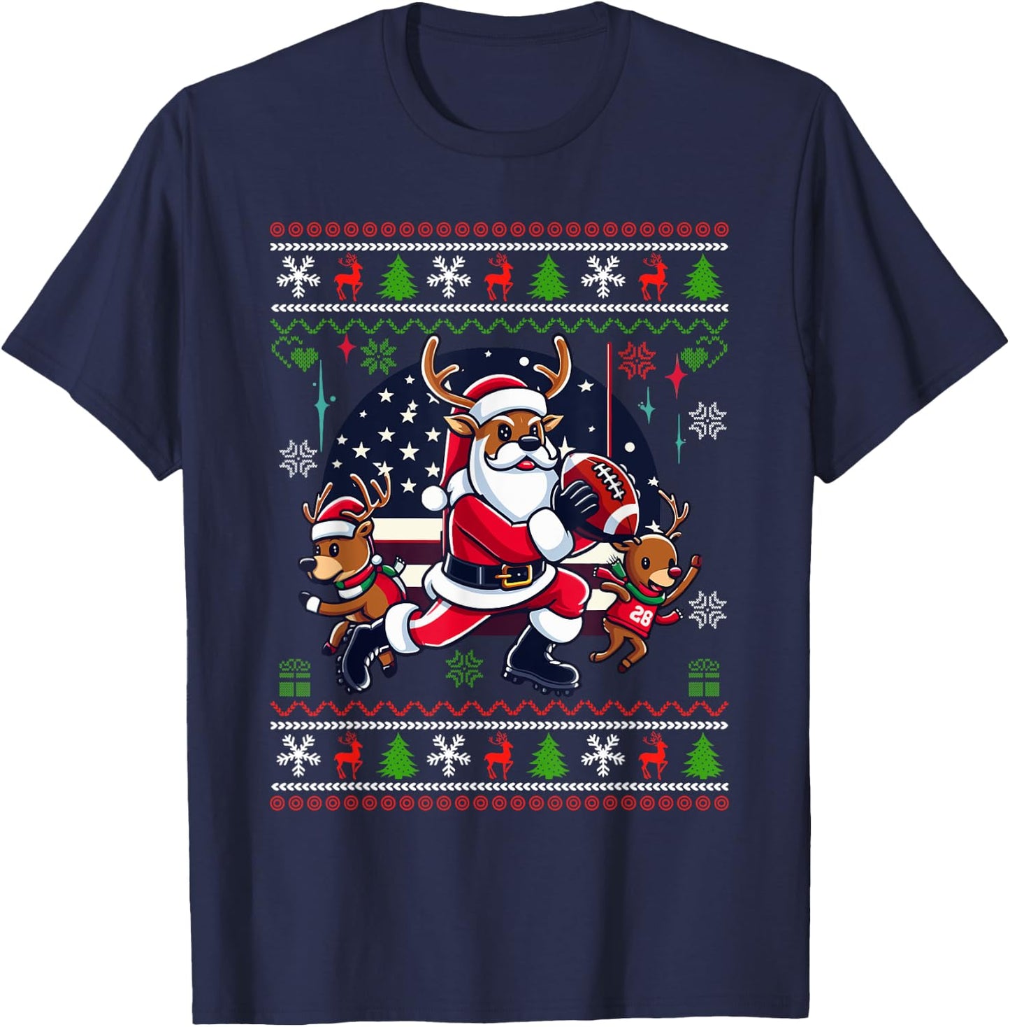Santa Reindeer Play American Football Ugly Christmas Sweater T-Shirt - T-Shirt | Navy