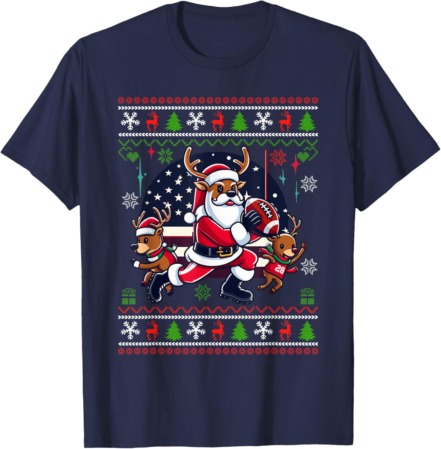 Santa Reindeer Play American Football Ugly Christmas Sweater T-Shirt - T-Shirt | Navy