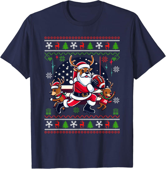 Santa Reindeer Play American Football Ugly Christmas Sweater T-Shirt - T-Shirt | Navy