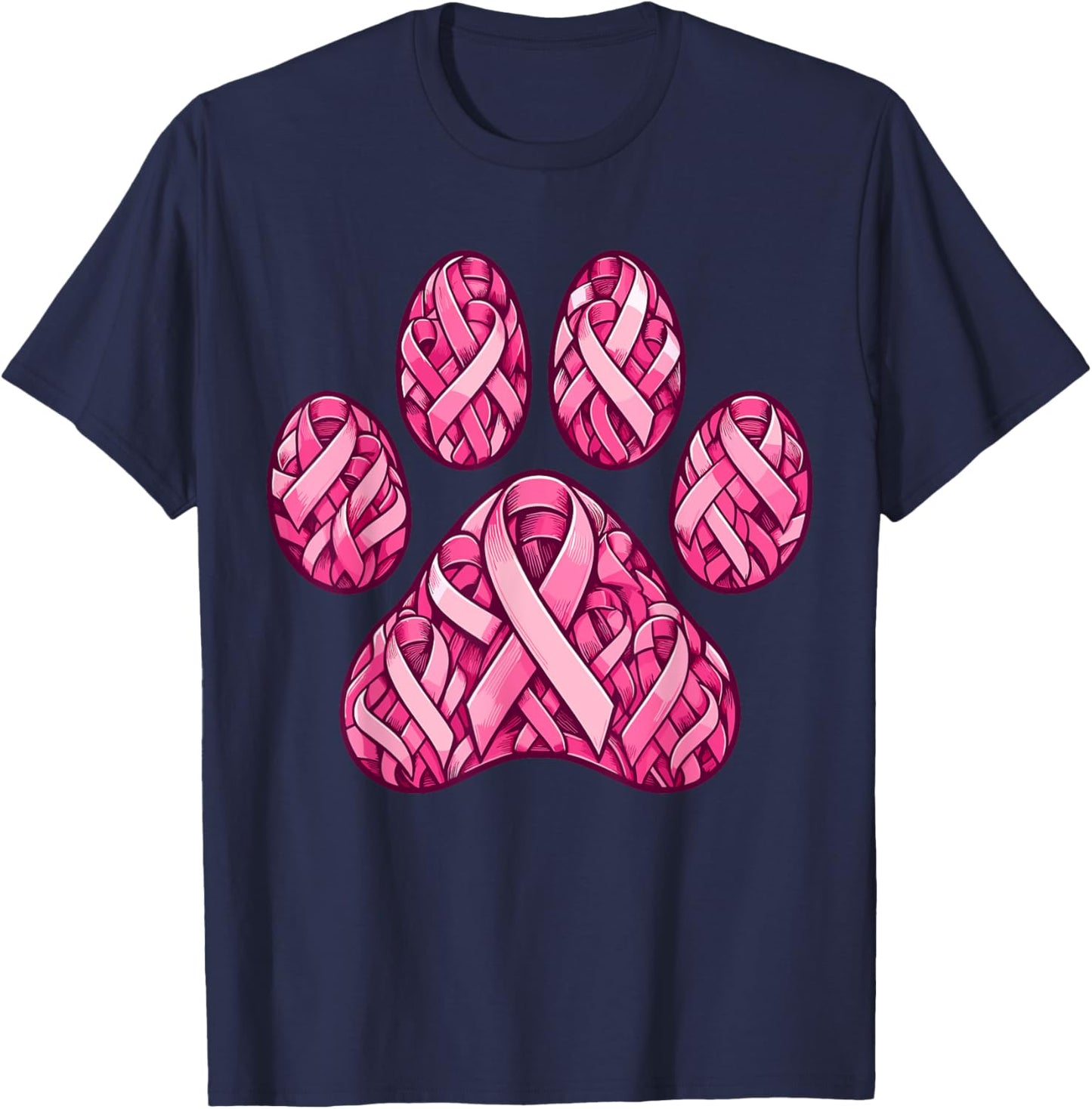 Pink Ribbon Dog Paw Print Breast Cancer Awareness Puppy Love Men Women Kids T-Shirt - T-Shirt | Navy