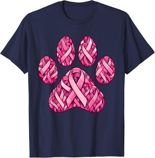 Pink Ribbon Dog Paw Print Breast Cancer Awareness Puppy Love Men Women Kids T-Shirt - T-Shirt | Navy
