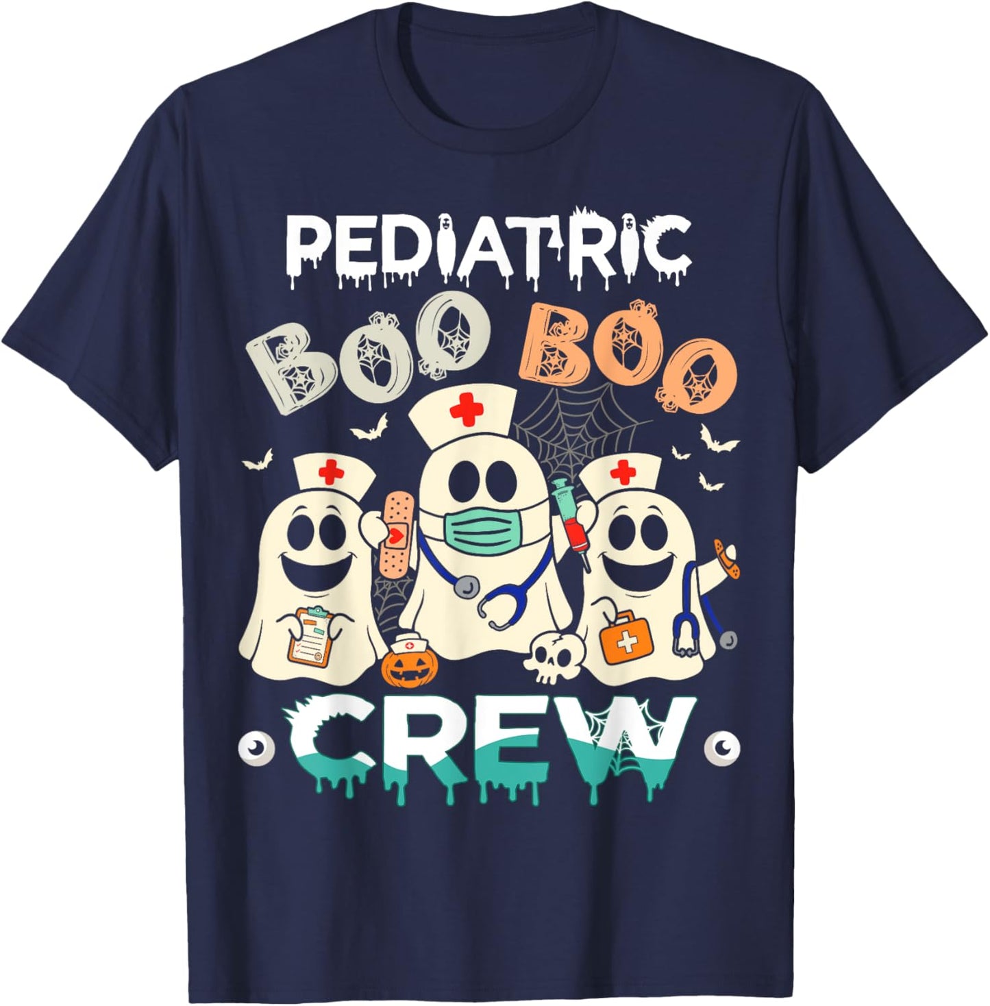 Halloween Nurse Peds Boo Crew Retro Pediatric Nurse Ghost T-Shirt - T-Shirt | Navy