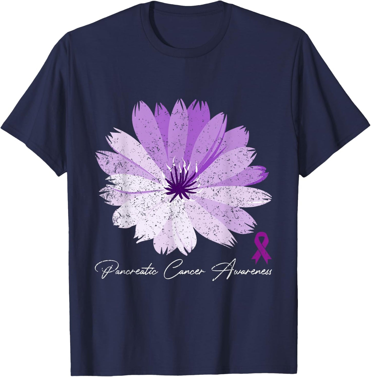 Flower Purple Ribbon Pancreatic Cancer Awareness T-Shirt - T-Shirt | Navy