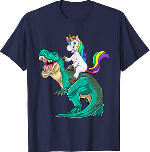 Unicorn Riding T rex Dinosaur Boys Girls Men Women Rainbow T-Shirt - T-Shirt | Navy