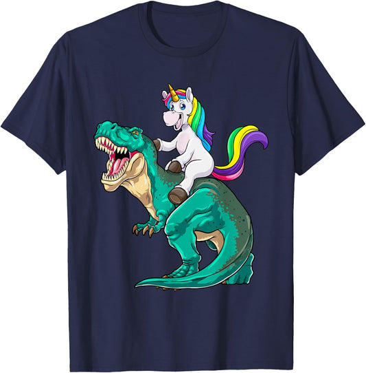 Unicorn Riding T rex Dinosaur Boys Girls Men Women Rainbow T-Shirt - T-Shirt | Navy
