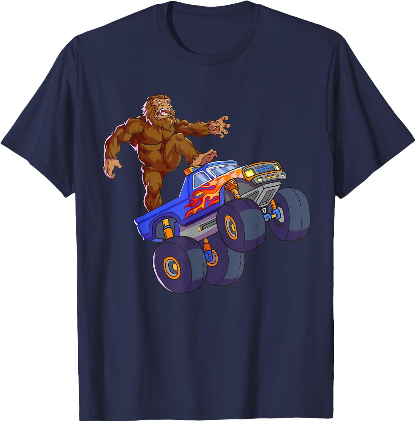 Bigfoot Riding Monster Truck Funny Sasquatch Monster Truck T-Shirt - T-Shirt | Navy
