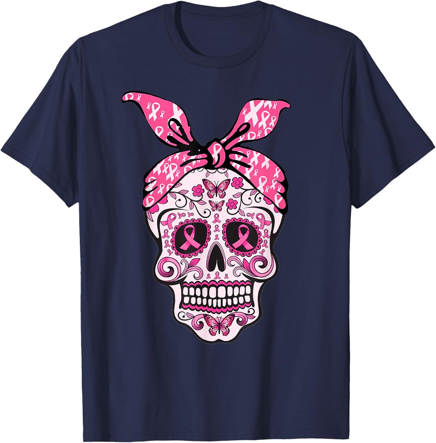 Sugar Skull Pink Ribbon Bandana Calavera Breast Cancer T-Shirt - T-Shirt | Navy