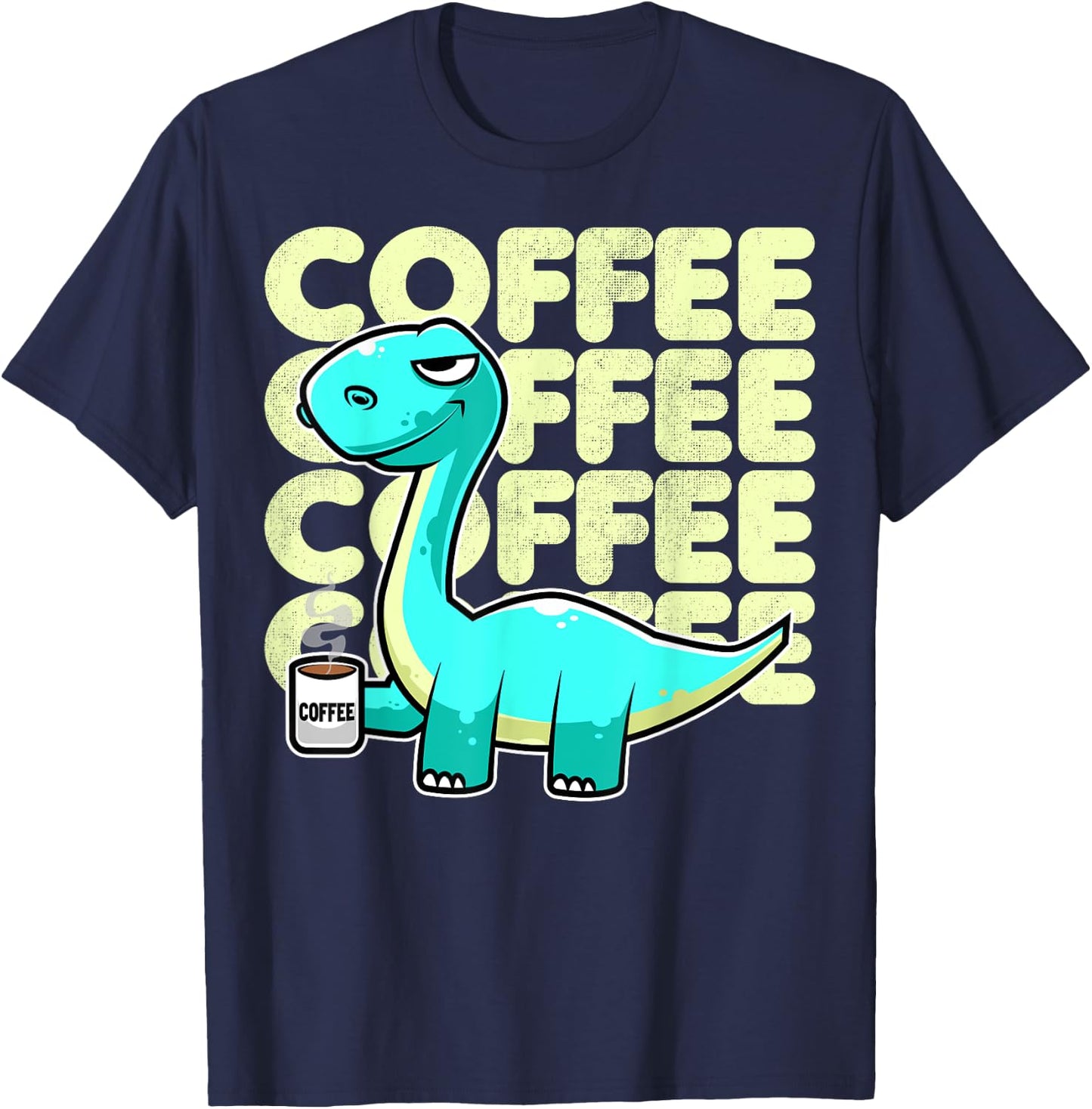 Cute Dinosaur Drinking Coffee Kawaii Neko Anime T-Shirt - T-Shirt | Navy